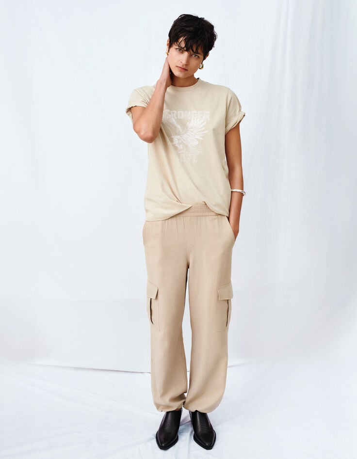 Beige fließende Damenjogginghose im Battle-Stil-5 Beige fließende Damenjogginghose im Battle-Stil-5
