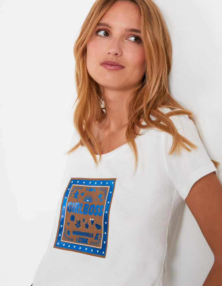 I.Code off-white organic T-shirt with blue slogan - I.CODE