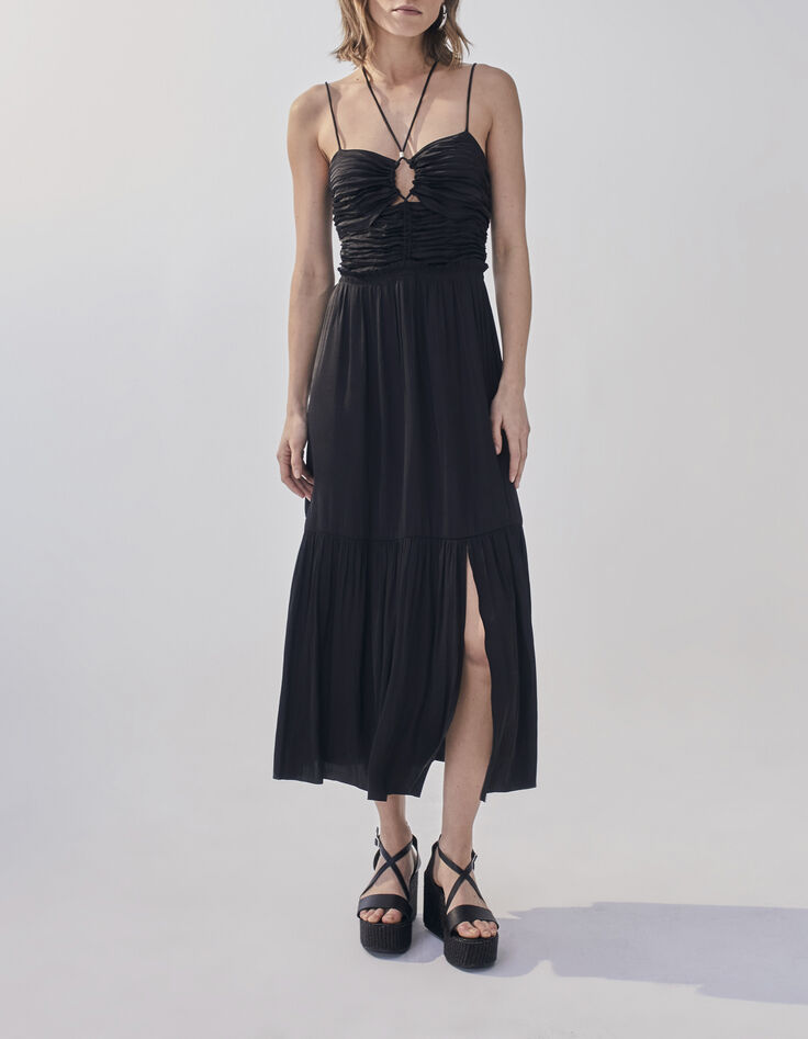 Vestido bustier largo negro drapeado delante mujer-1