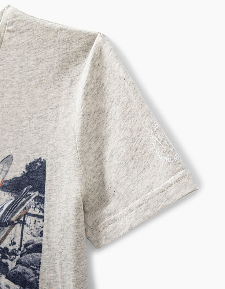 Kittgrau meliertes Jungen-T-Shirt mit Surfbrett-Flagge -4