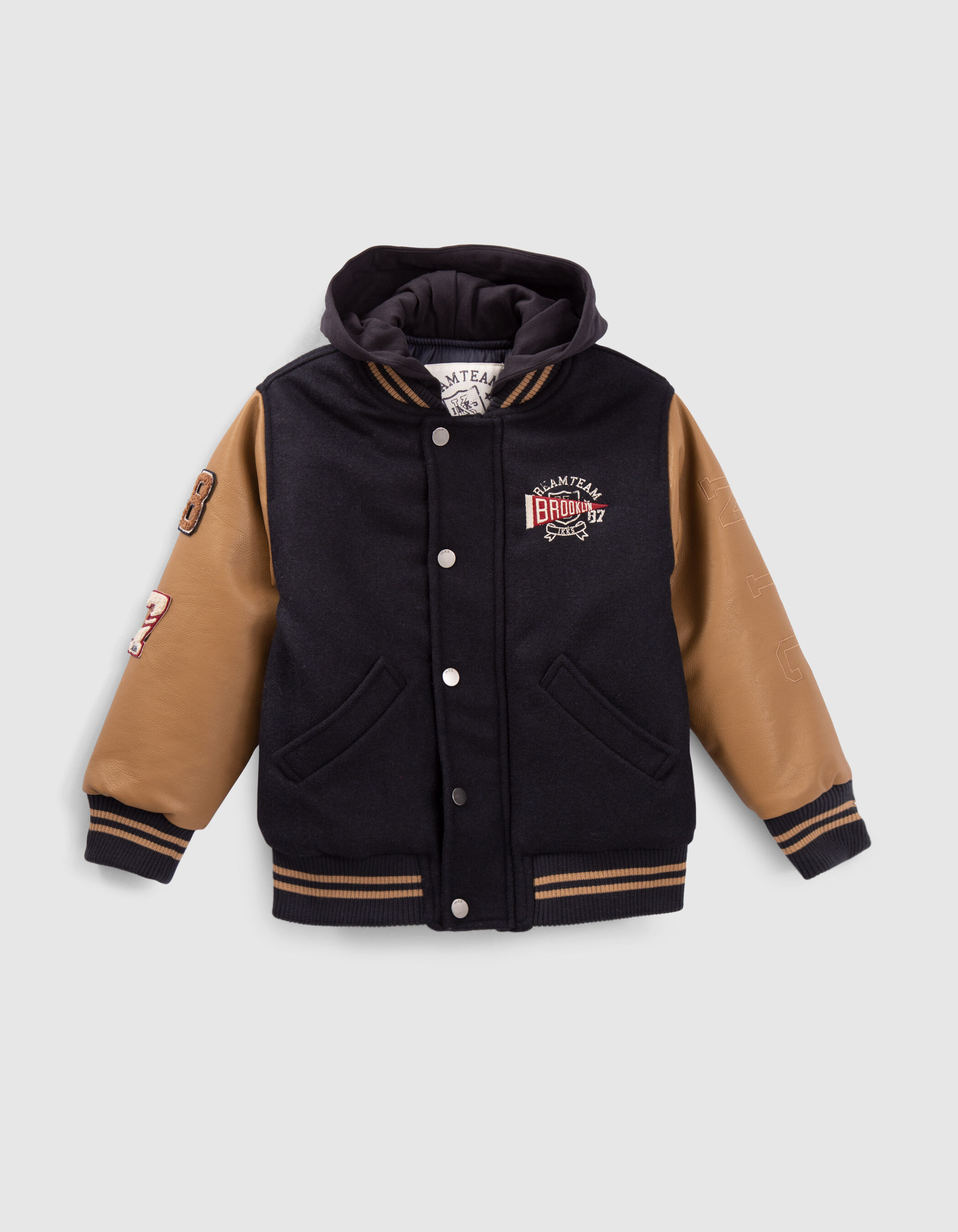 Boys navy embroidered mixed fabric hooded baseball jacket IKKS
