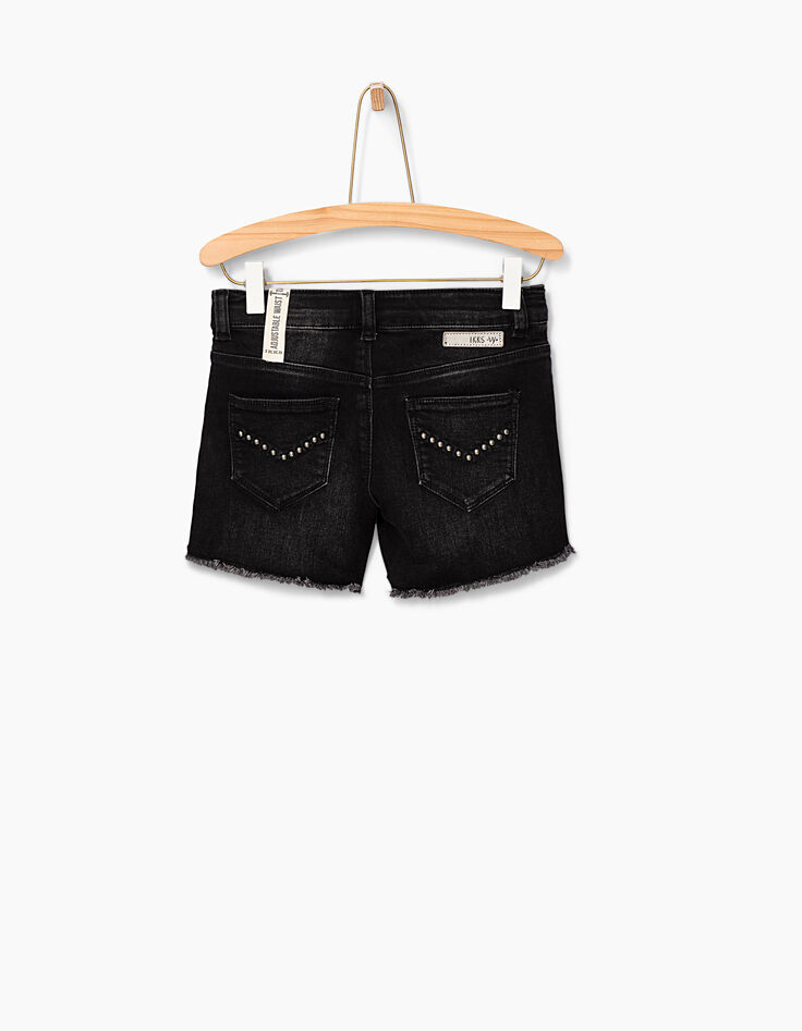 Girls’ used black denim shorts, fringed hem -5