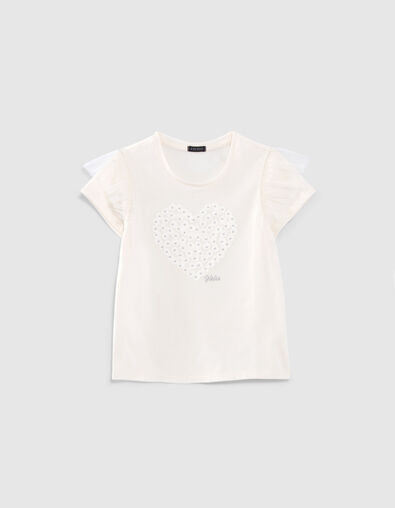 T-shirt écru décor fleurs forme coeur fille - IKKS