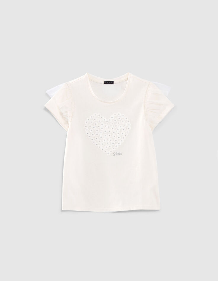 T-shirt écru décor fleurs forme coeur fille-1 T-shirt écru décor fleurs forme coeur fille-1