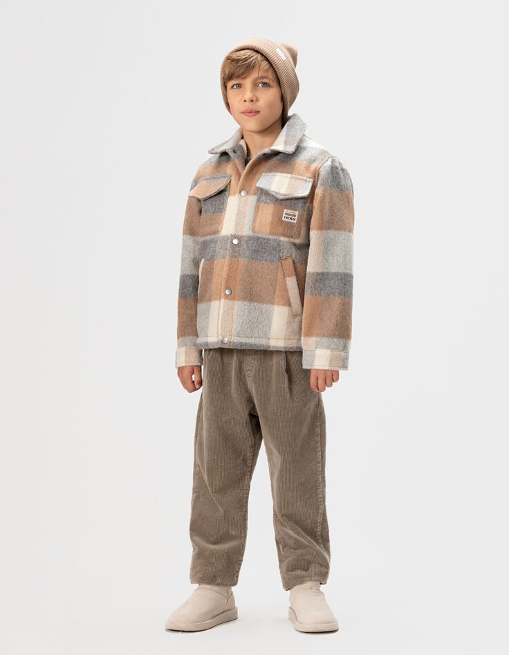 Boys’ beige check woolcloth fur-lined jacket-3 Boys’ beige check woolcloth fur-lined jacket-3