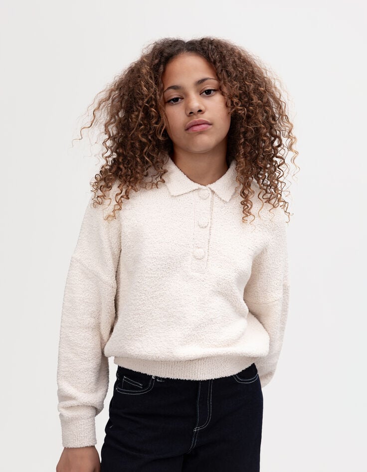 Girls’ beige bouclette knit buttoned sweater-1 Girls’ beige bouclette knit buttoned sweater-1