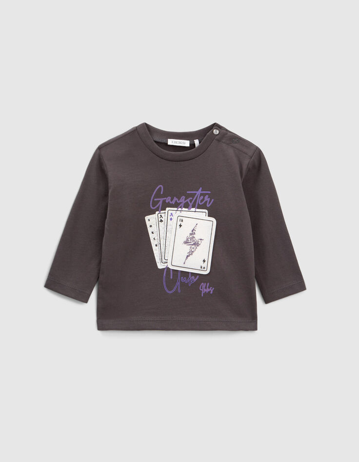 T-shirt gris print et badge cartes à jouer bébé garçon-1