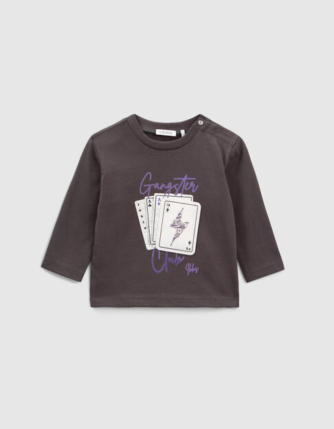 Baby boys’ grey playing cards badge and print T-shirt