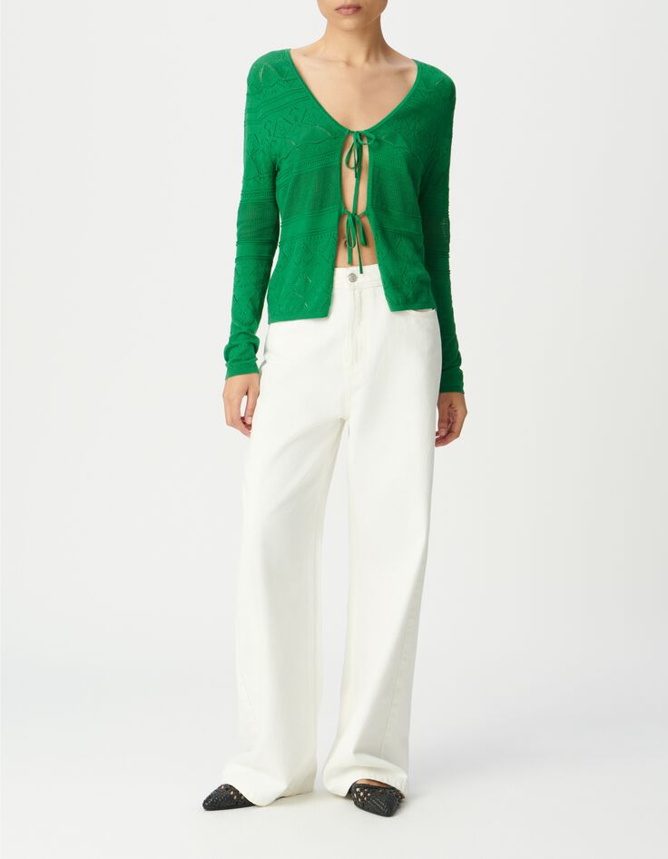 C&aacute;rdigan verde punto calado anudado-1