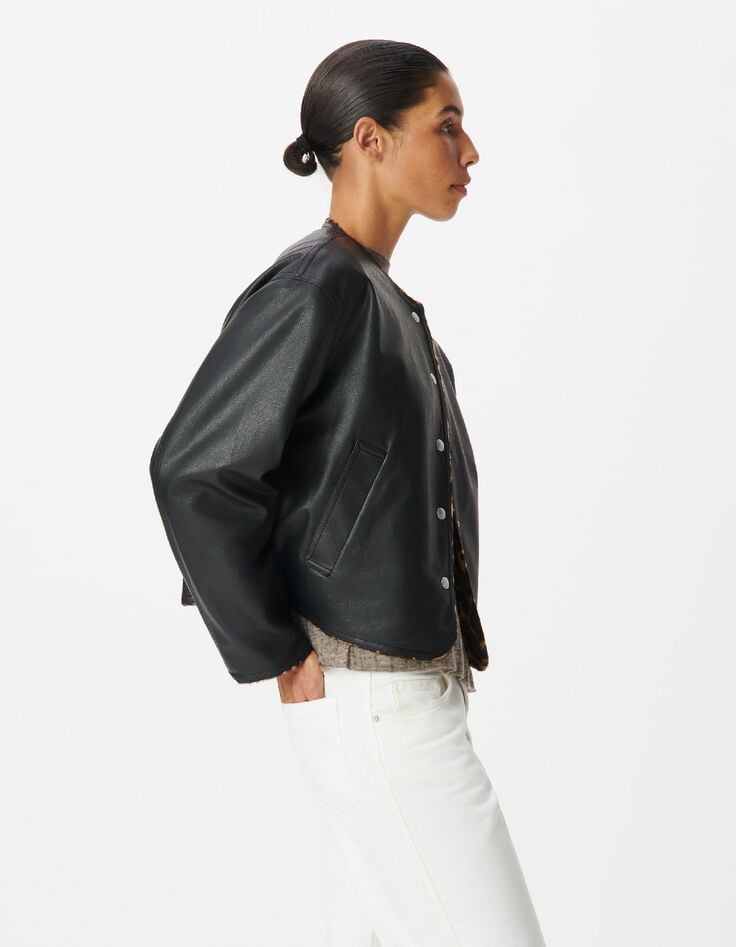 Veste r&eacute;versible noire et motif l&eacute;opard Femme-5