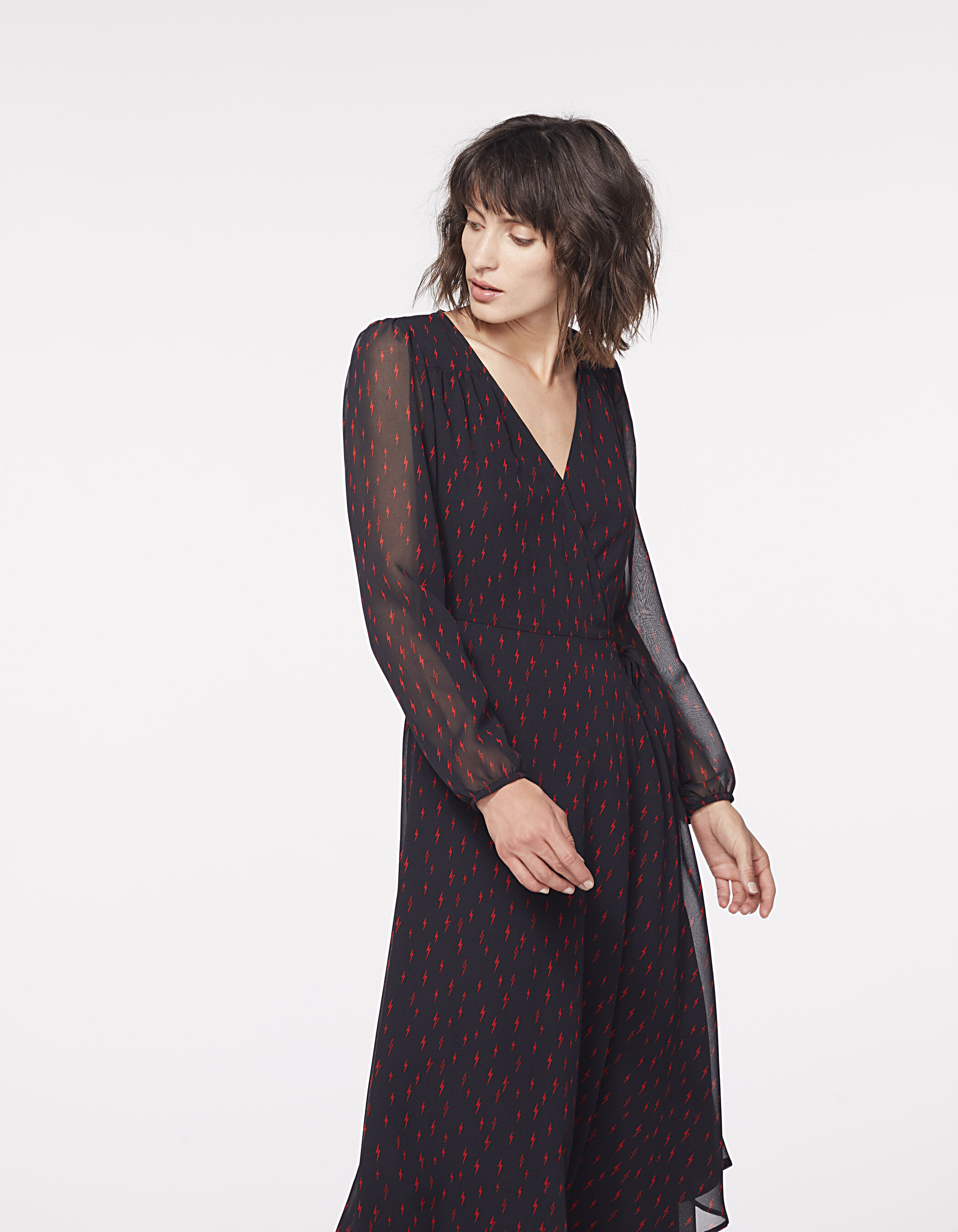 Robe longue asymetrique en voile imprime micro eclairs IKKS