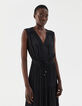 Vestido largo satén negro pliegues mujer-1