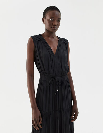 Vestido largo satén negro pliegues mujer - IKKS