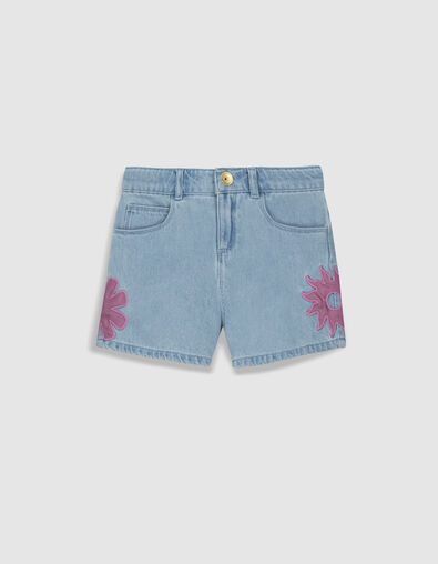 Blue denim maxi shorts with embroidery on girls' sides - IKKS