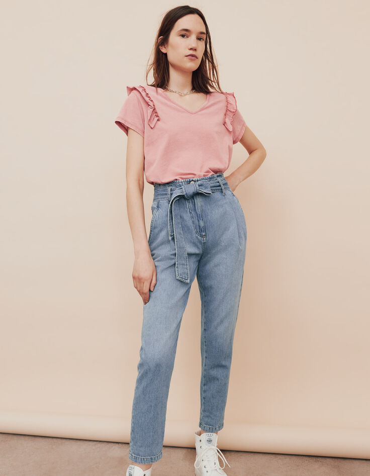 Tee-shirt rose devant dos épaules volantées femme-6 Tee-shirt rose devant dos épaules volantées femme-6