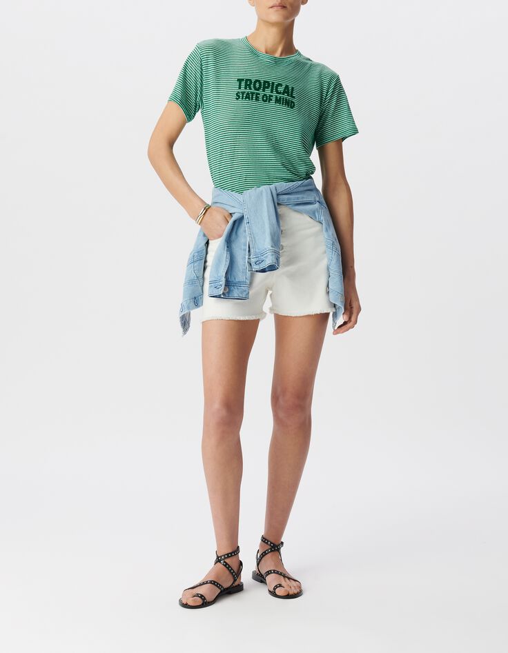 Tee-shirt marini&egrave;re vert message flocage velours Femme-6