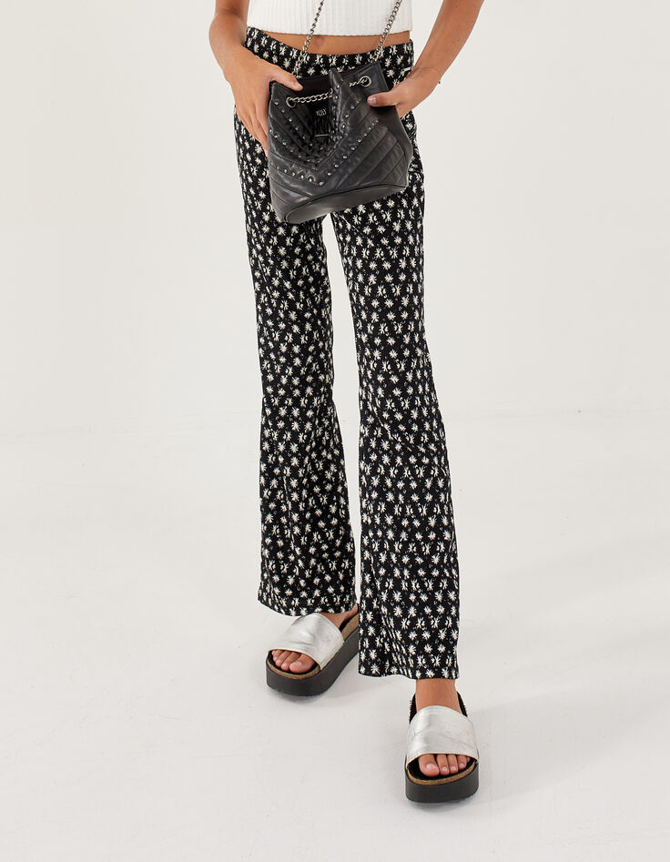 Pantalon flare noir imprimé fleurs graphiques fille-2