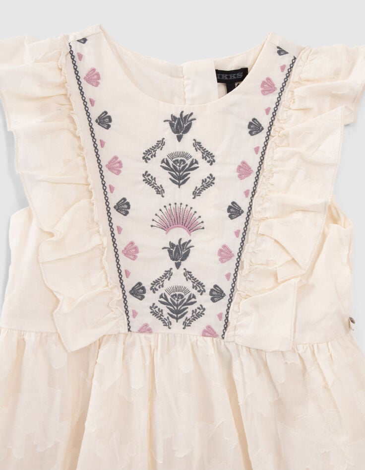 Ecru jurk jacquard bloemen en borduursels meisjes-2