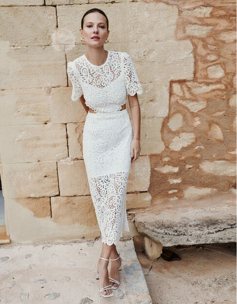 Women's chic white macramé lace dress - IKKS