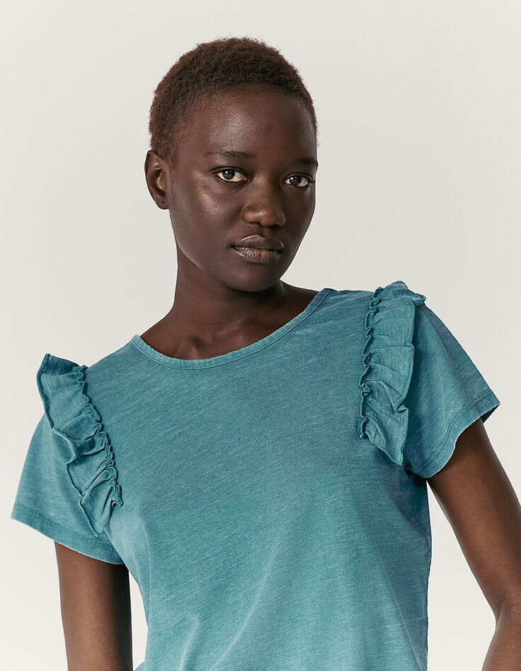 Smaragdgroen T-shirt volants schouders voor-achter dames-7