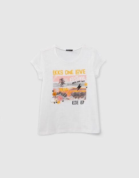Mädchen-T-Shirt, Biobaumwolle, Motiv Sonnenuntergang, Ecru - IKKS