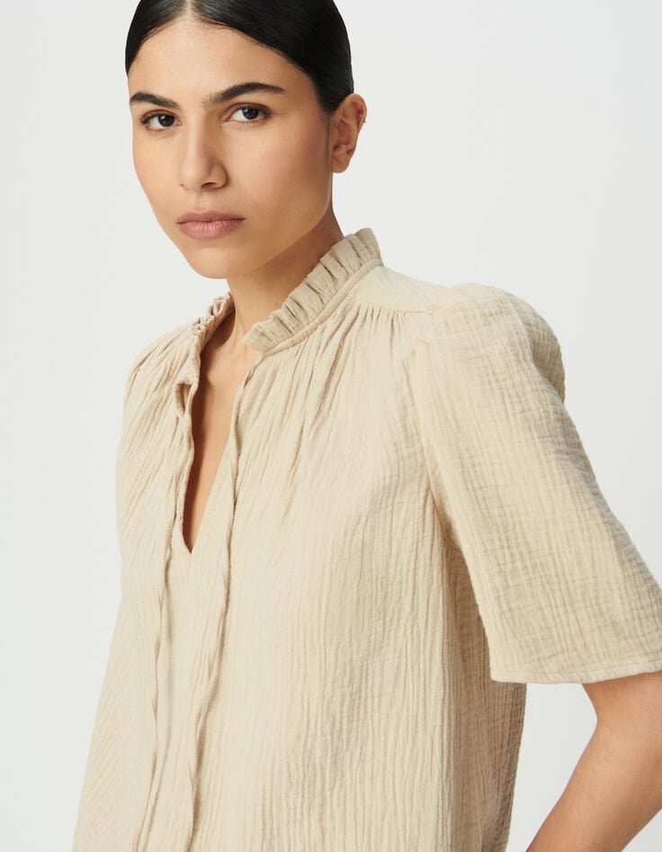 Top en gaze de coton beige clair pour femme-4 Top en gaze de coton beige clair pour femme-4