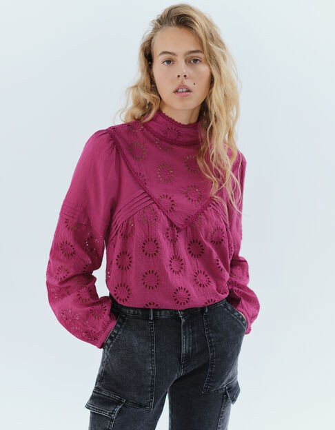 Violet blouse in biokatoen borduursel bloem dames