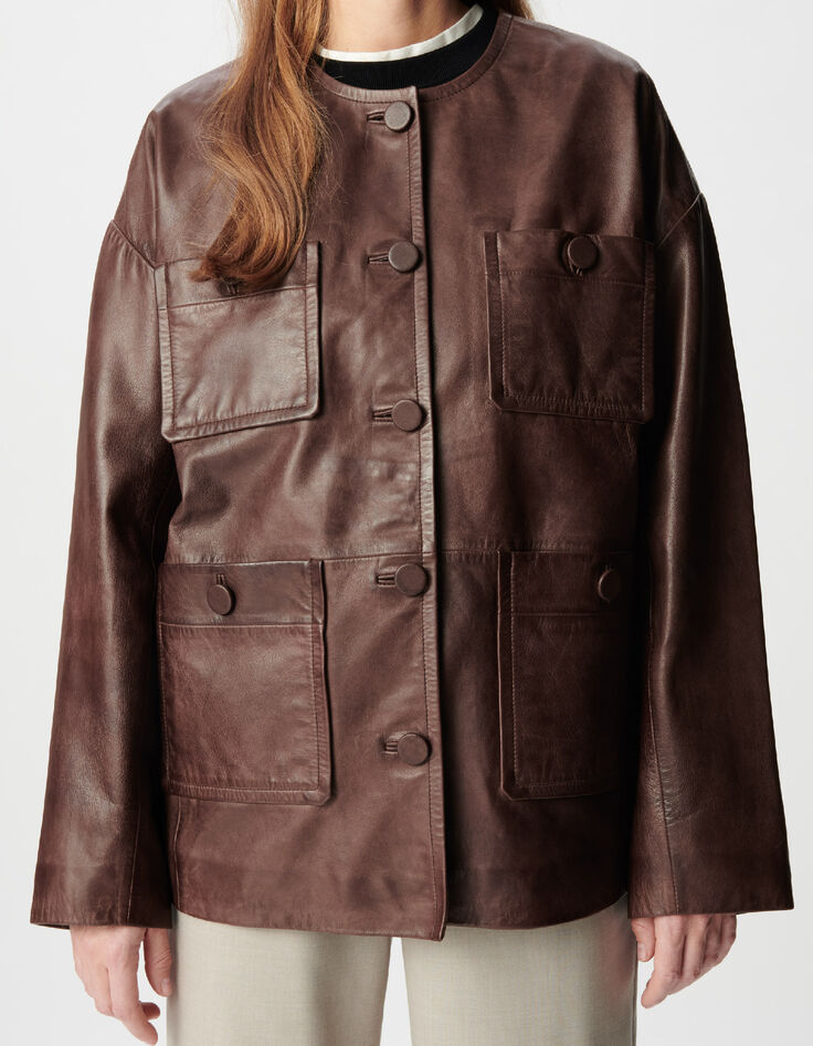 Women's brown faded leather coat with patch pockets-4