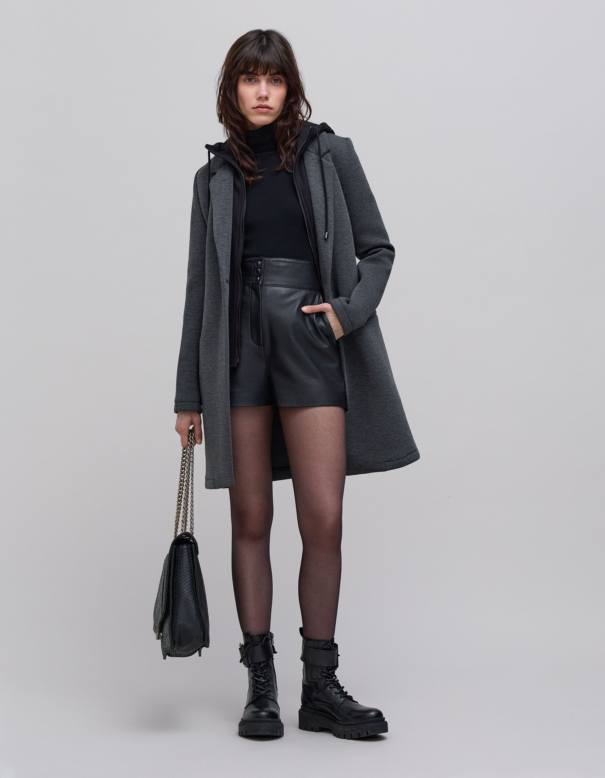 Manteau long en neoprene et capuche amovible femme IKKS