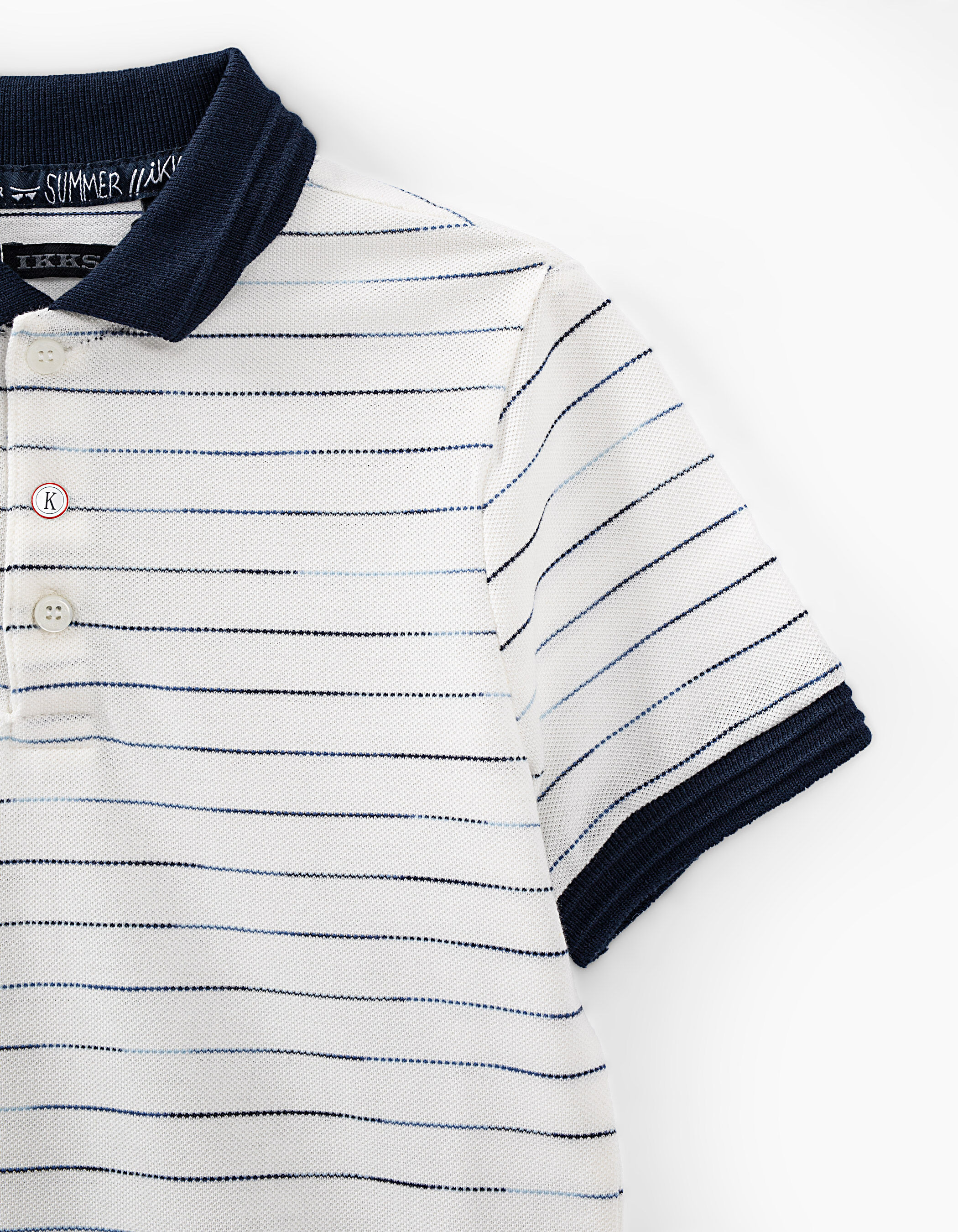 Boys off white polo shirt with blue stripes