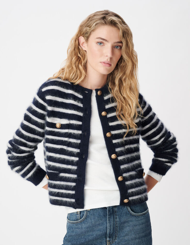 Cardigan manches longues marine rayures 100% laine Femme-6