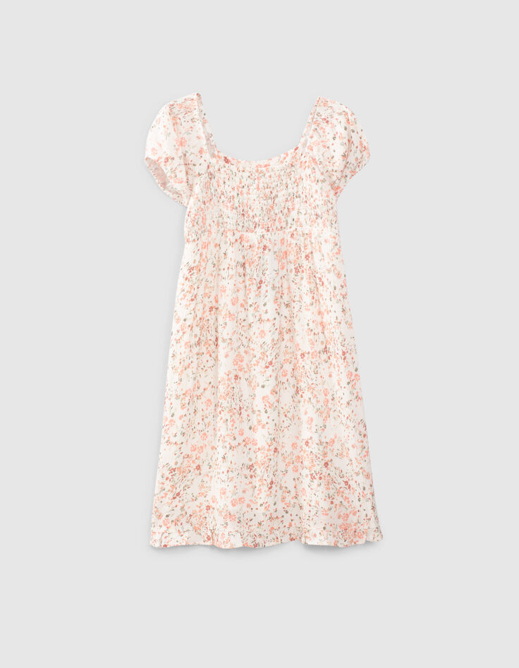 Cremewei&szlig;es M&auml;dchenkleid mit Blumen und Smocks-1