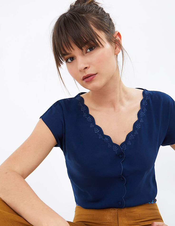 Indigo geschulpte top met borduursels I.Code-1