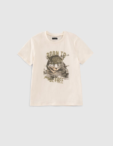 T-shirt écru coton bio tête de léopard garçon - IKKS