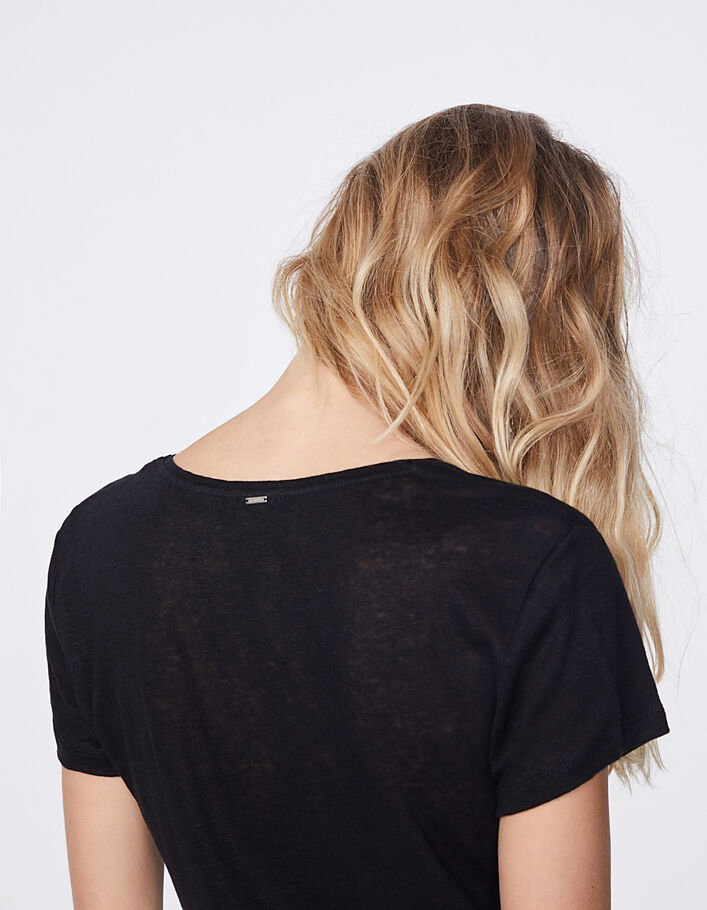 Women’s black metallic print linen V-neck T-shirt - IKKS