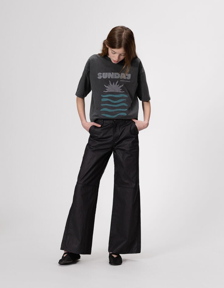 Graues Oversize-Mädchen-T-Shirt Biobaumwolle Schriftzug-1 Graues Oversize-Mädchen-T-Shirt Biobaumwolle Schriftzug-1