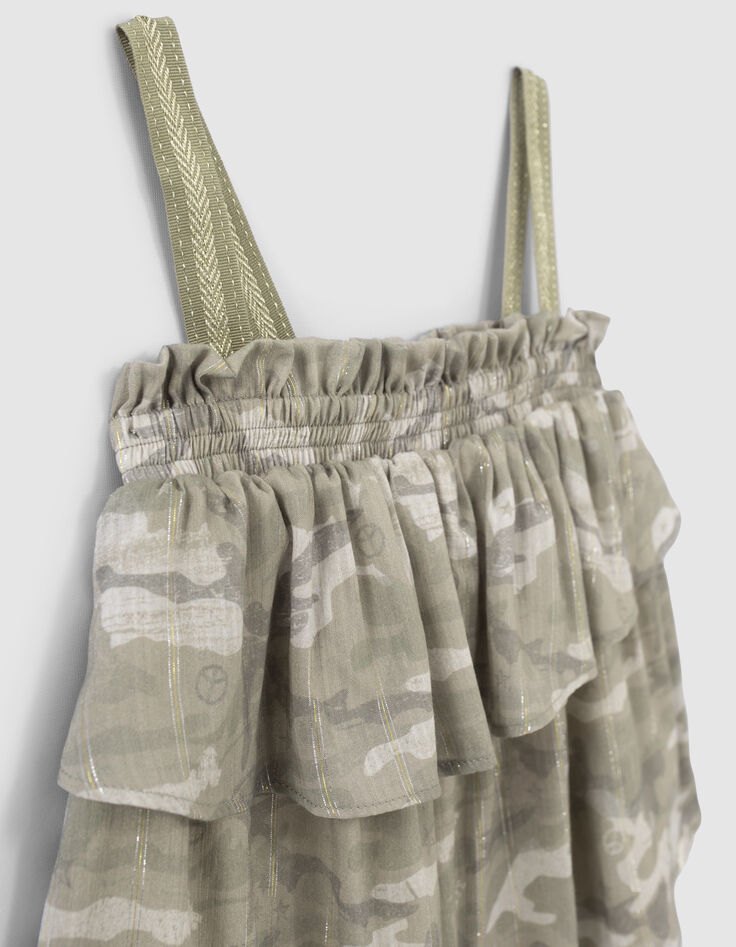 Khaki Mädchentop mit Camouflageprint und Streifen-2