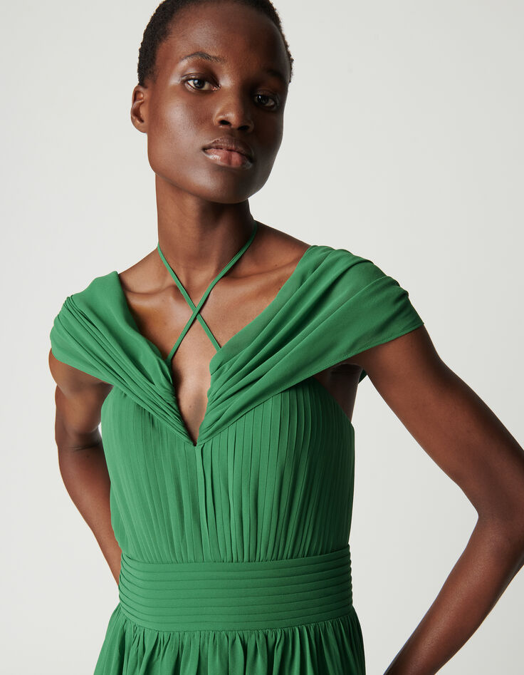 Grünes langes Kleid für Damen mit drapierten Trägern-4