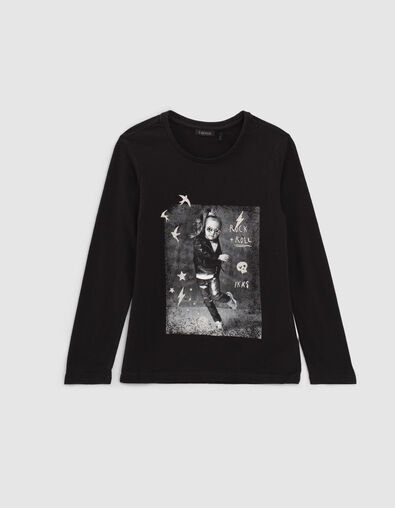 Schwarzes M&auml;dchenshirt mit Mini-Rockerin - IKKS