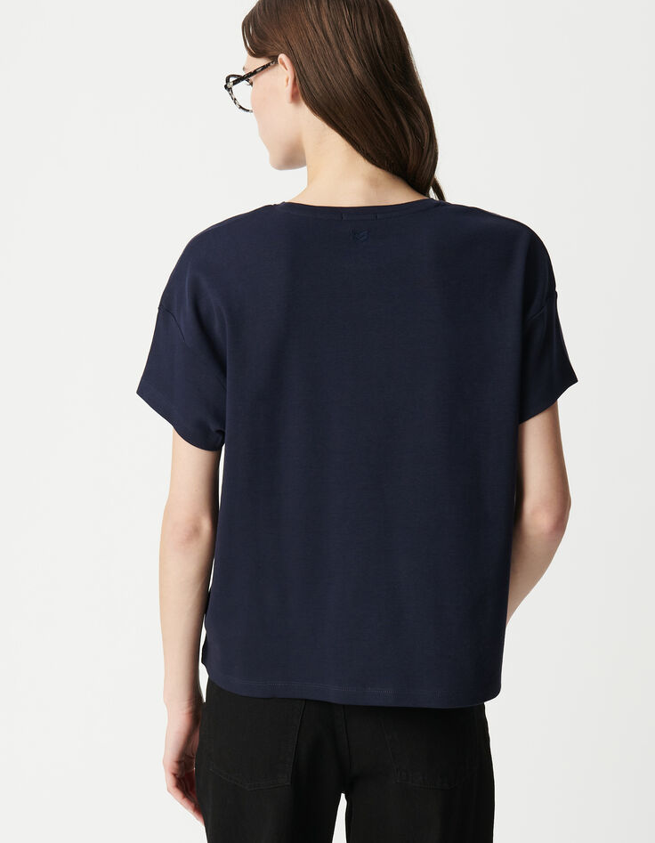 Women's navy round neck herringbone embroidery back t-shirt-4
