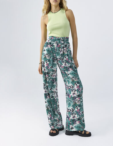 Women’s green plant print flowing wide-leg trousers - IKKS