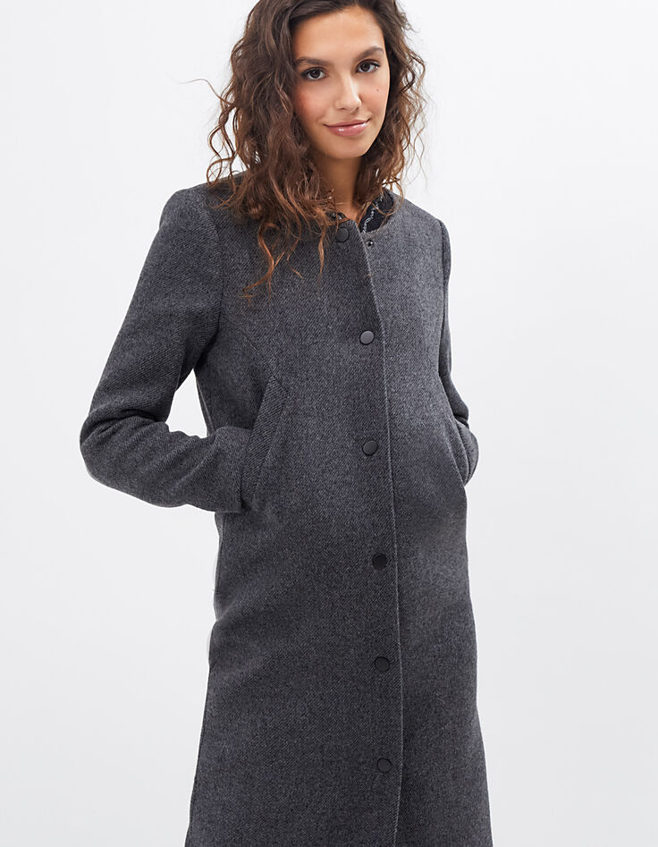 I.Code grey anthracite marl long coat with rib trim collar-2