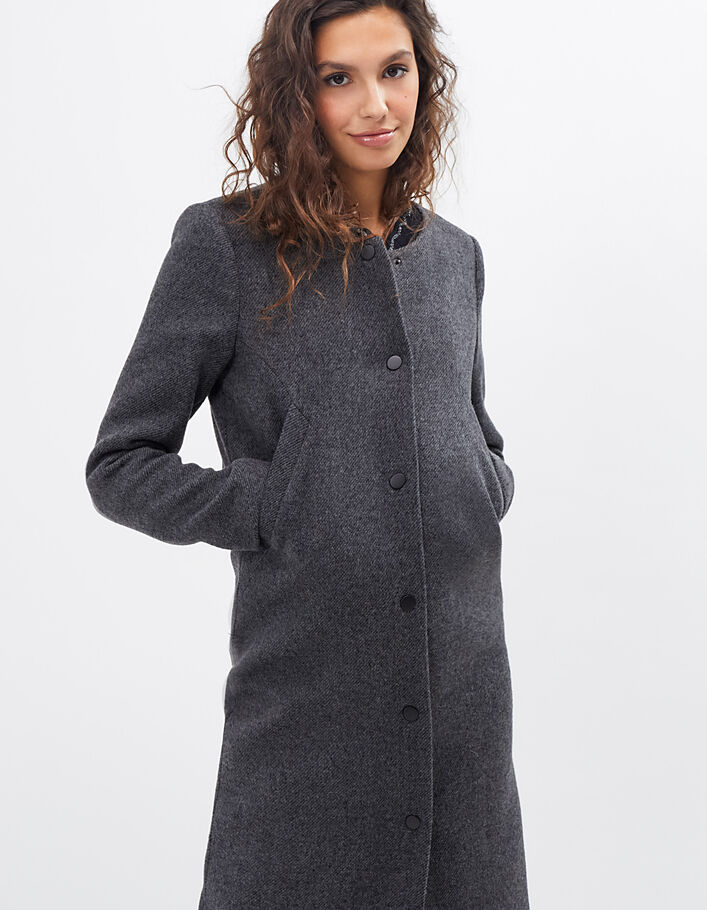 Manteau long gris anthracite chiné à col bord-côte I.Code - I.CODE