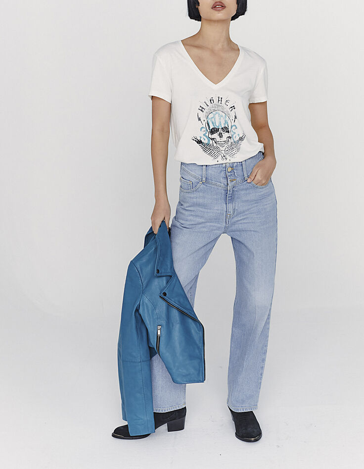 Women’s ecru skull image cotton modal T-shirt-6
