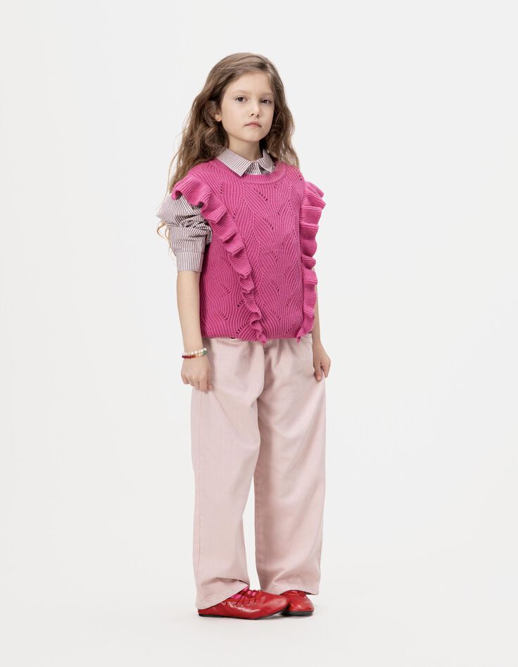 Rosa Mädchenstrickpullover Rüschen ohne Ärmel-1