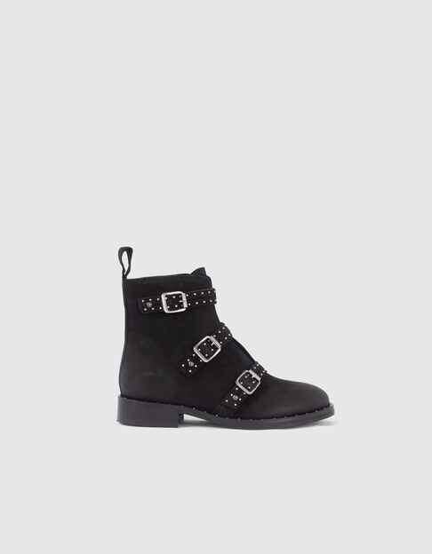 Girls’ black buckle and studs leather combat boots