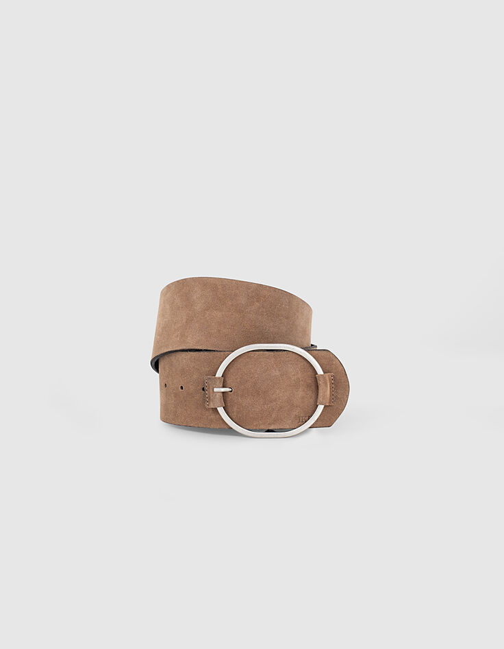 Ceinture large en cuir beige effet daim femme-1