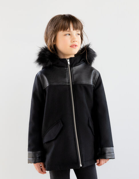 Manteau noir bi matière fourré fille