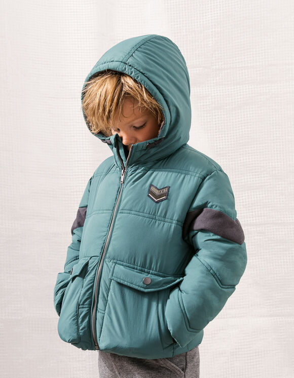 Boys' stone green fur-lined hooded padded jacket