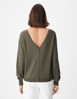 Women's Khaki V-Neck Wool Sweater Rhinestone Back